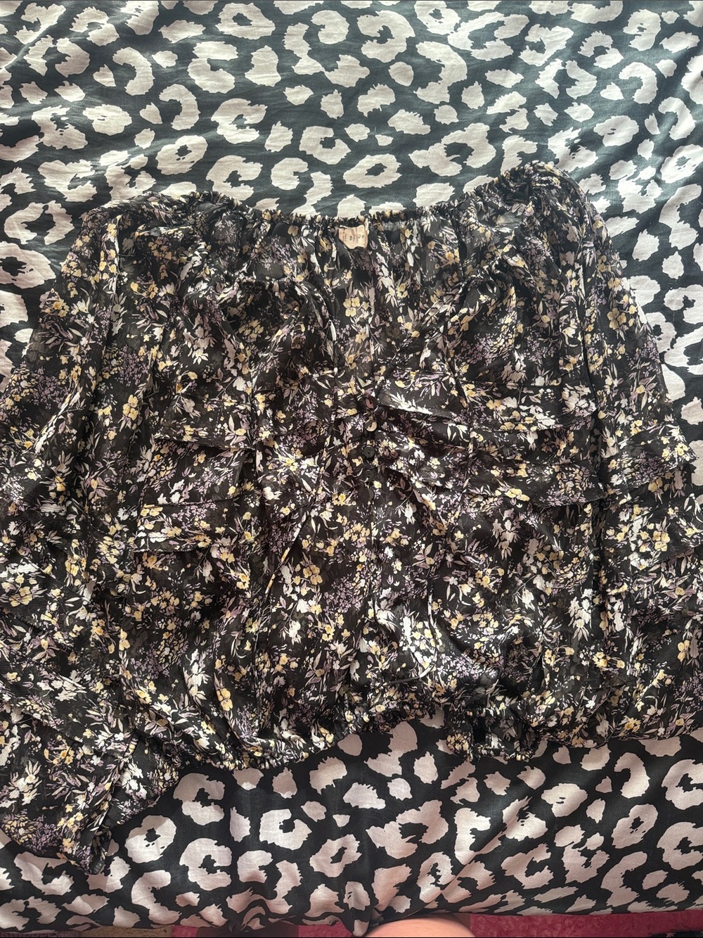 By Together Black Floral Ruffled Blouse with Yellow & Cream Accents